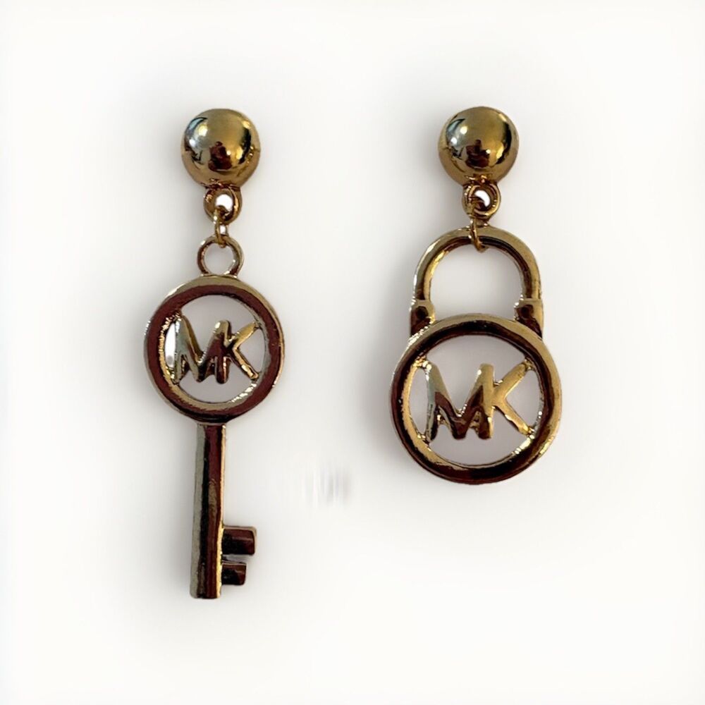 New Michael Kors Padlock And Skeleton Key Earrings Pierced Stud Dangle Gold Tone